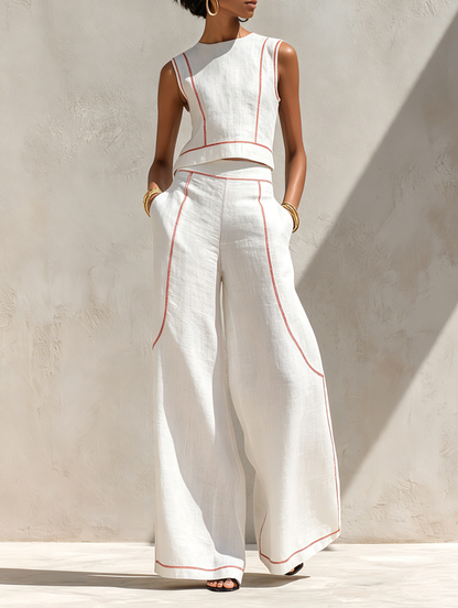 Corallina | Completo pantalone in misto lino con cuciture a contrasto