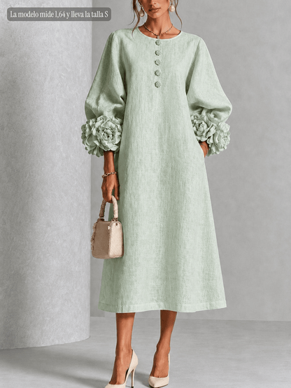 Vestido Midi Verde Salvia Místico con Botones de Flores y Mangas Florales Extravagantes