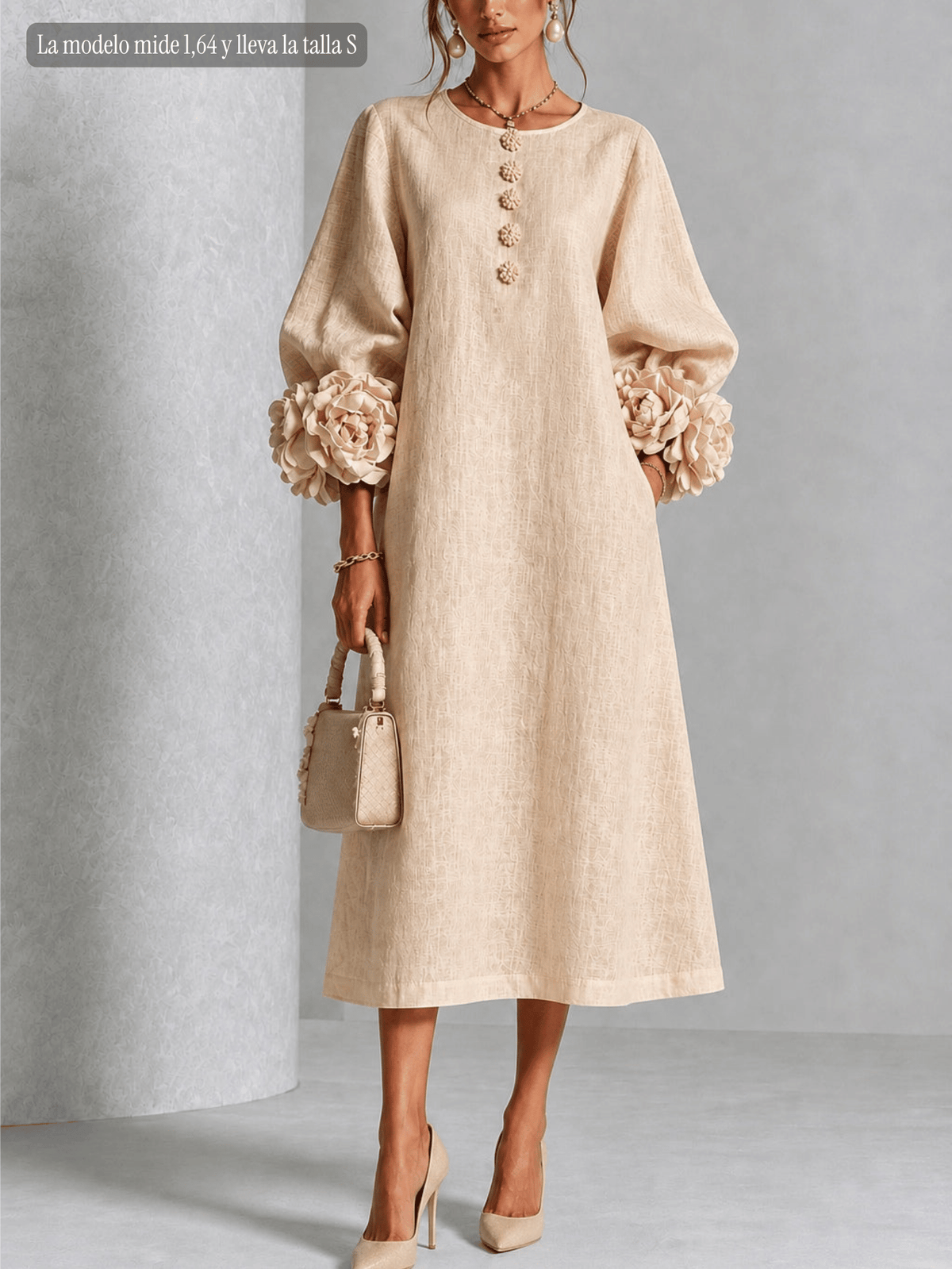 Vestido Midi Beige Floral con Botones y Mangas Florales Extravagantes