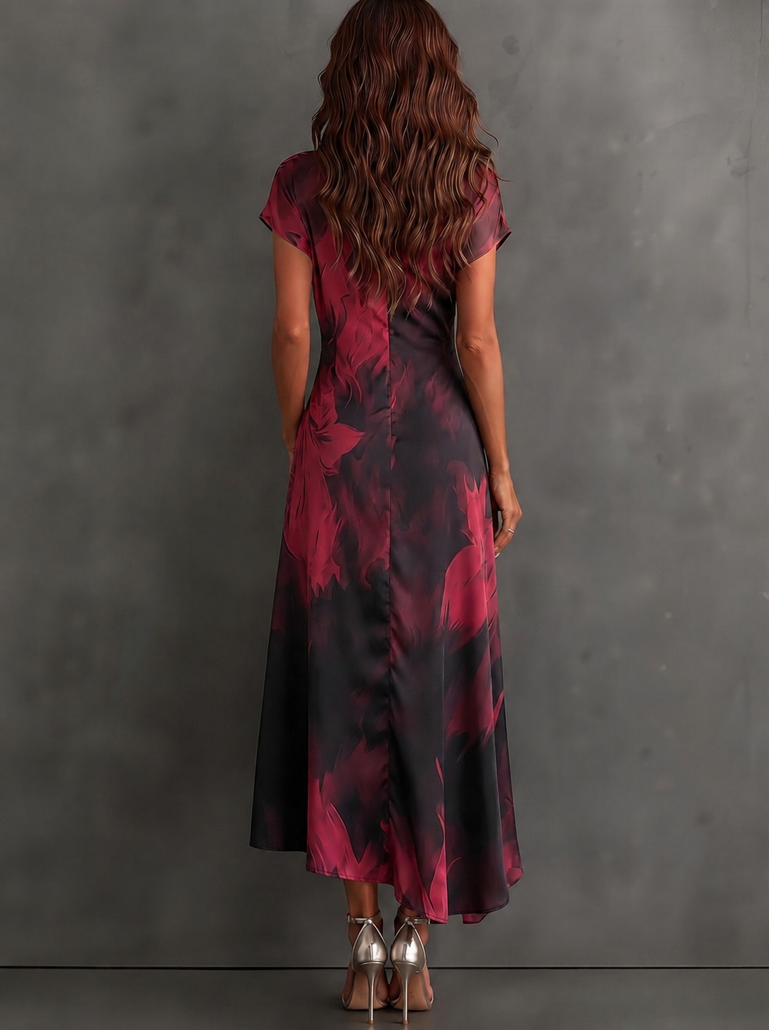Vestido Midi Cruzado Abstracto Rojo y Negro con Cuello Camisero, Escote en V, Manga Corta, Cintura Anudada y Bajo Asimétrico con Volante