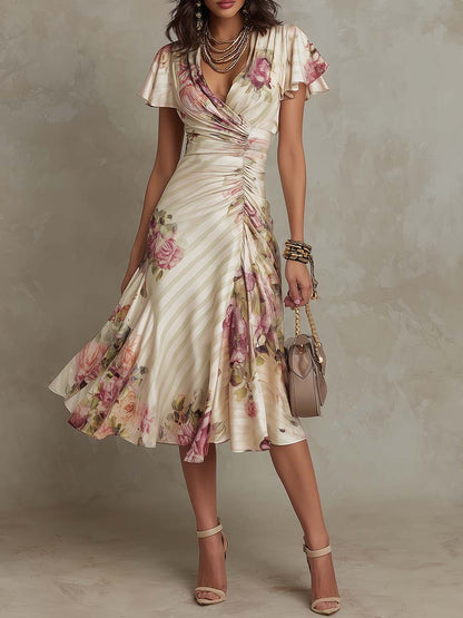 Alba | Vestido midi de satén floral elegante, estilo retro
