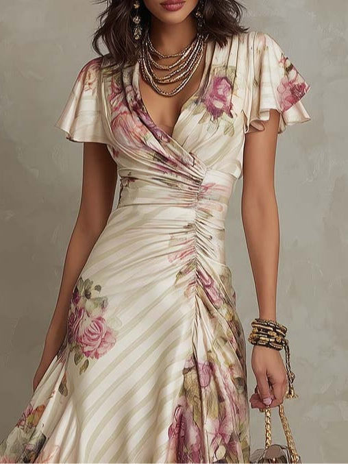 Alba | Vestido midi de satén floral elegante, estilo retro