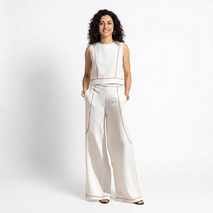Corallina | Completo pantalone in misto lino con cuciture a contrasto