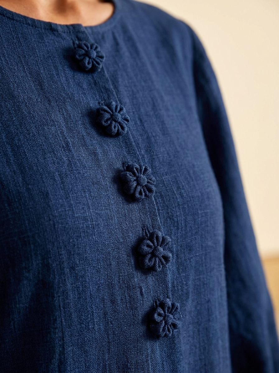 Vestido Midi Azul Navy con Botones de Flores y Mangas Florales Extravagantes