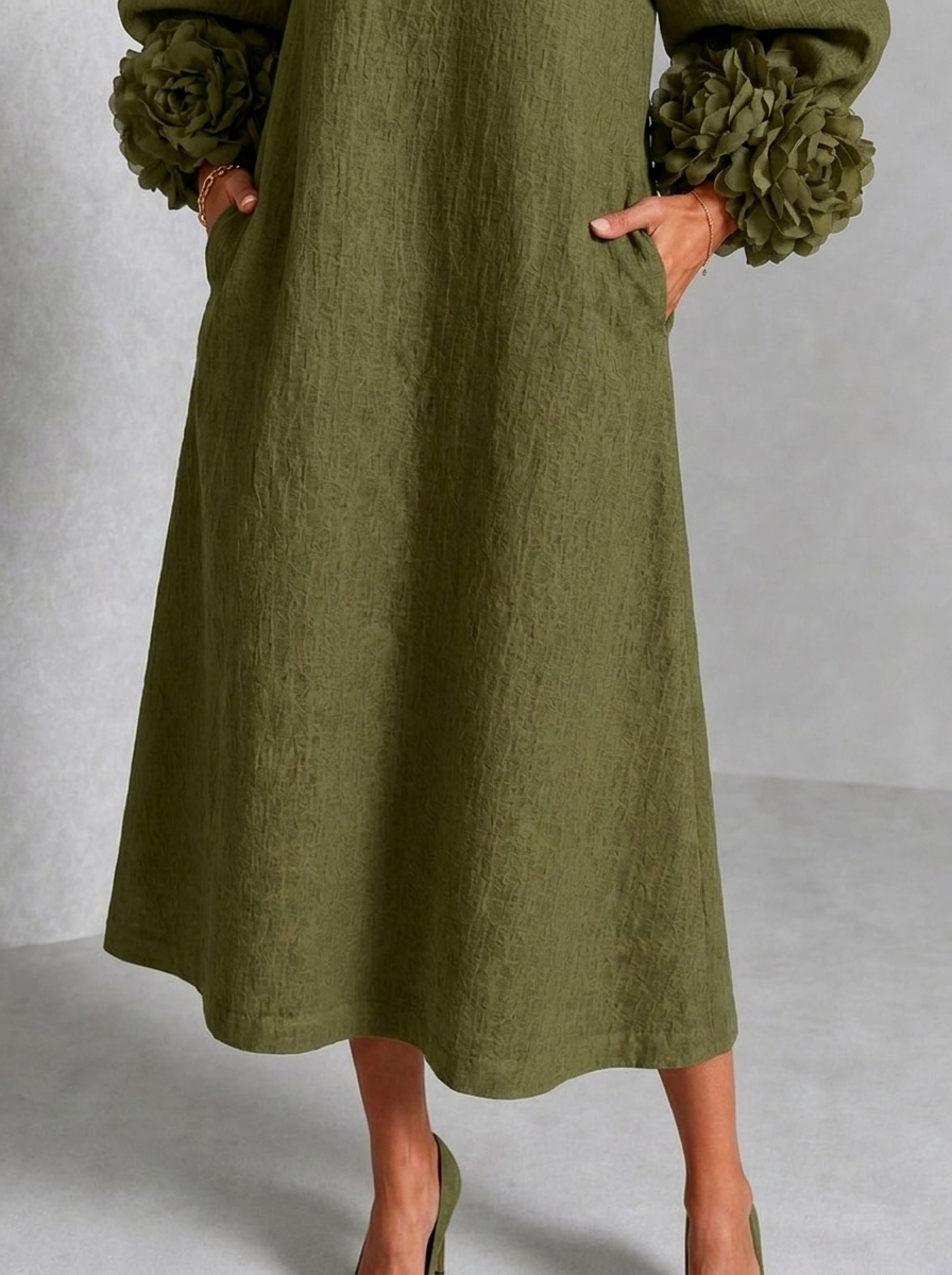 Vestido Midi Oliva con Botones de Flores y Mangas Florales Extravagantes