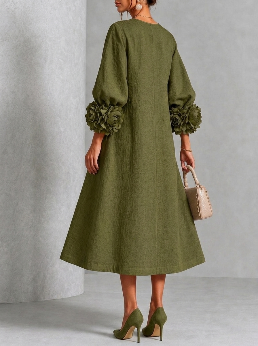 Vestido Midi Oliva con Botones de Flores y Mangas Florales Extravagantes