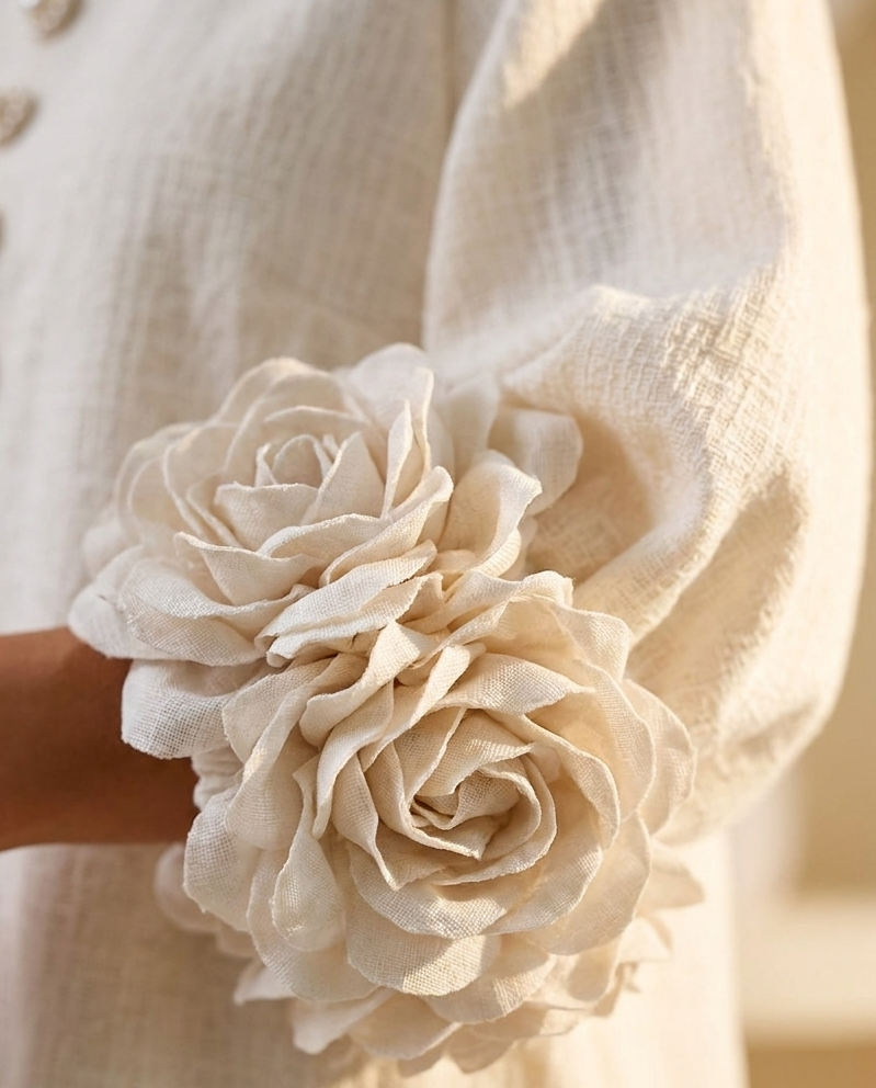 Vestido Midi Blanco con Botones de Flores y Mangas Decoradas