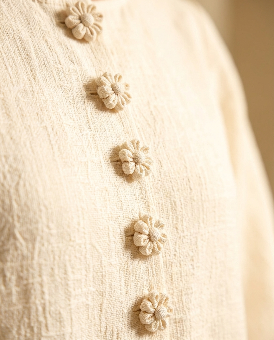 Vestido Midi Blanco con Botones de Flores y Mangas Decoradas