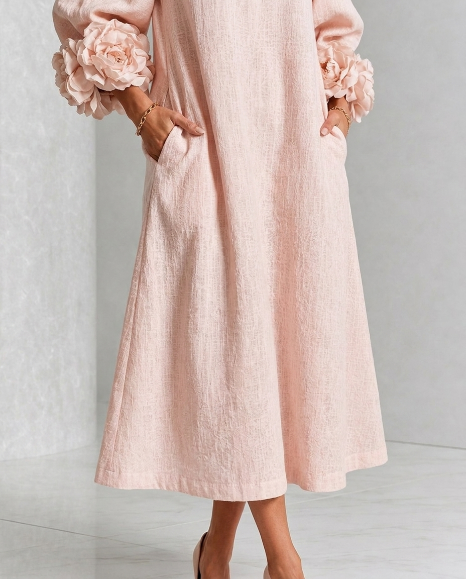 Vestido Midi Rosa con Botones de Flores y Mangas Florales Extravagantes