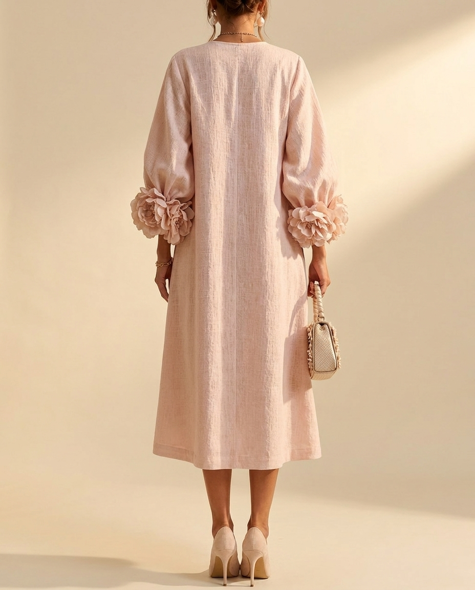 Vestido Midi Rosa con Botones de Flores y Mangas Florales Extravagantes