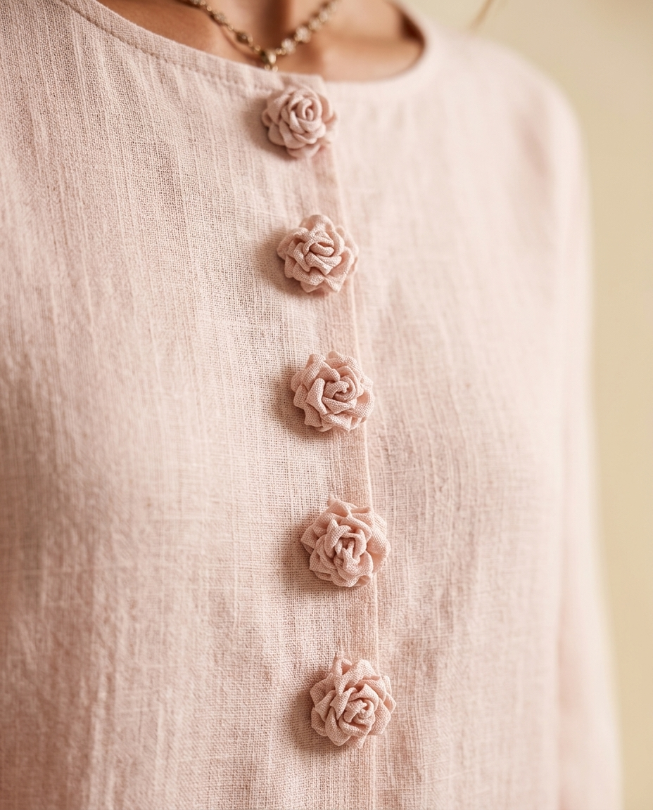 Vestido Midi Rosa con Botones de Flores y Mangas Florales Extravagantes