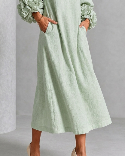 Vestido Midi Verde Salvia Místico con Botones de Flores y Mangas Florales Extravagantes
