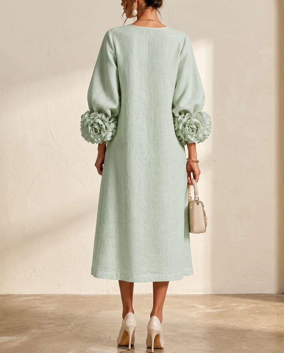 Vestido Midi Verde Salvia Místico con Botones de Flores y Mangas Florales Extravagantes