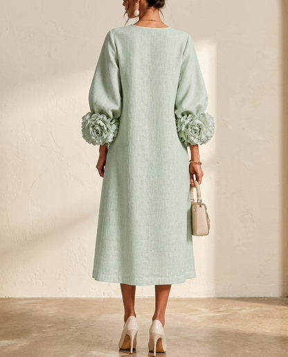 Vestido Midi Verde Salvia Místico con Botones de Flores y Mangas Florales Extravagantes