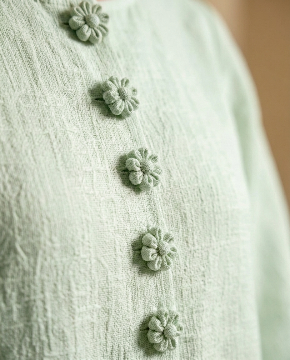 Vestido Midi Verde Salvia Místico con Botones de Flores y Mangas Florales Extravagantes