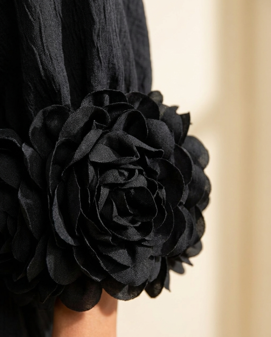 Vestido Midi Negro Floral con Botones y Mangas Florales Extravagantes