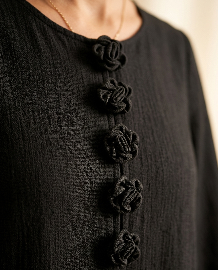Vestido Midi Negro Floral con Botones y Mangas Florales Extravagantes