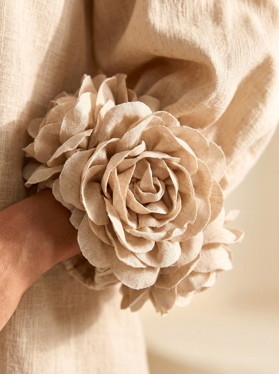 Vestido Midi Beige Floral con Botones y Mangas Florales Extravagantes